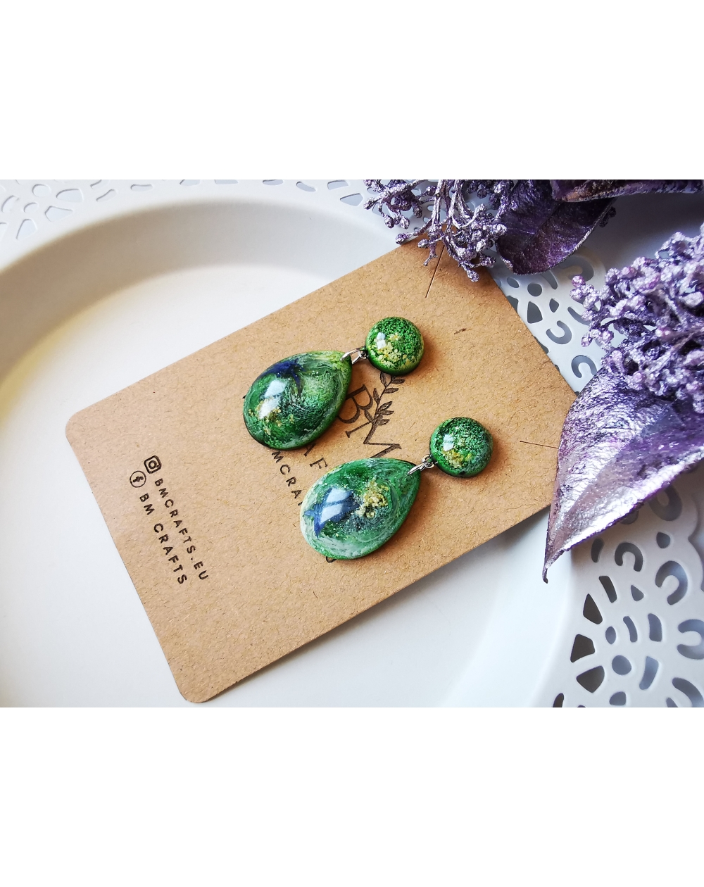 Emerald spring series I dried flowers earrings
